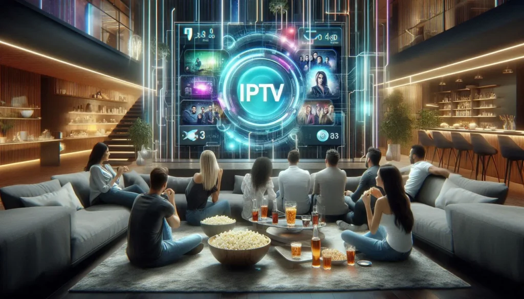 Person smiling while watching vibrant 4K content on a large screen with a sleek remote control, representing the ultimate IPTV experience.