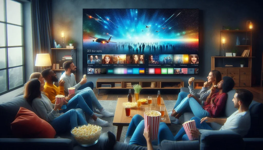 A sleek 4K Smart TV displaying a vibrant, crystal-clear stream with a remote control, symbolizing reliable IPTV.